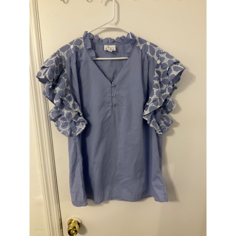 Mira Blue Eyelet Flutter Sleeve Blouse XXL Ruffle Neck Floral Embroidery Top